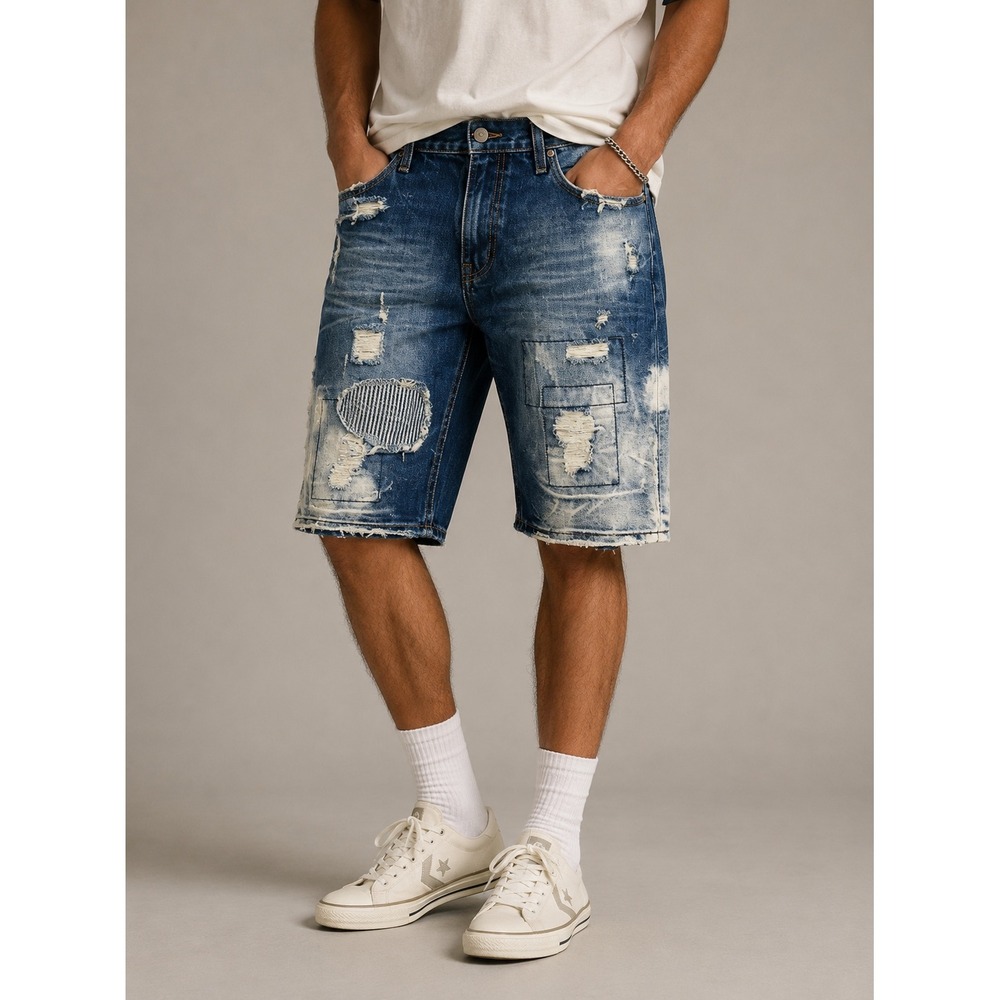 Heritage America 1776 Mens Distressed Denim Shorts Blue W36 Patchwork Streetwear